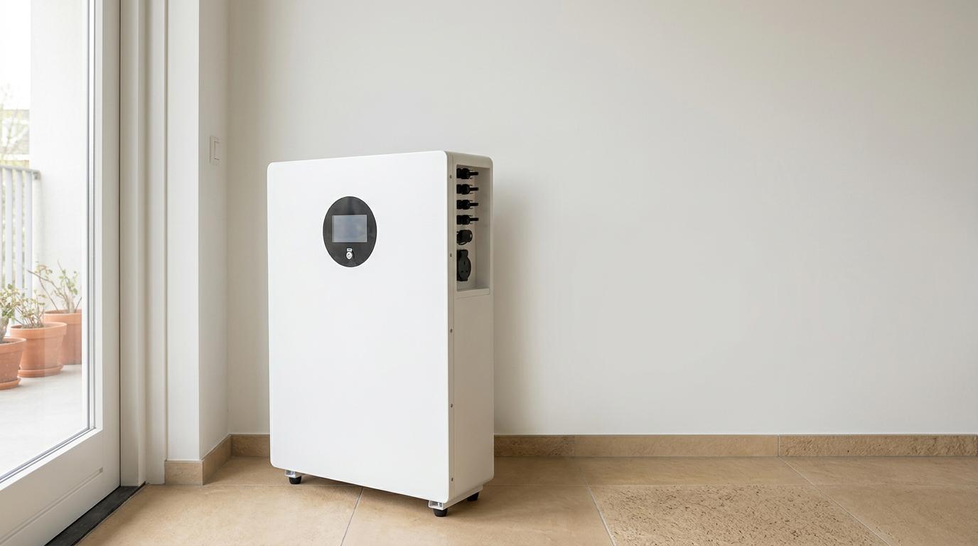 Ohmni Balkon 5000 thuisbatterij met stekker naast een balkondeur